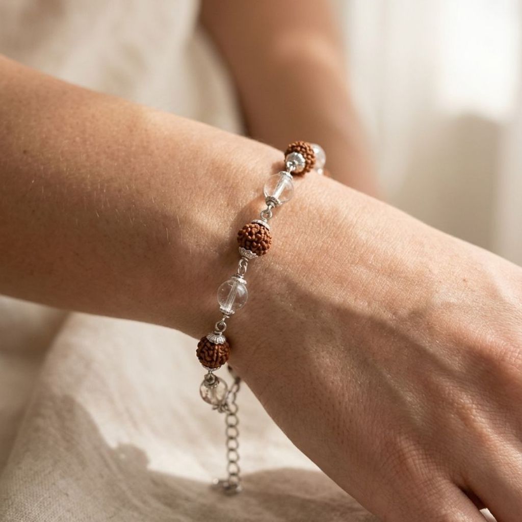 Woman wearing a Rudraksha and crystal quartz silver plated bracelet with hands in a prayer pose