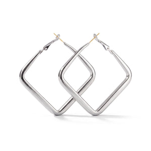 Silver Black Square Geometric Large Dainty Threader Statement Hoop Earrings (Close-up Detail) | The Colourful Aura