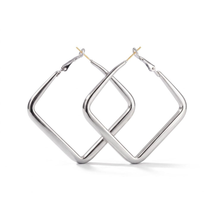 Silver Black Square Geometric Large Dainty Threader Statement Hoop Earrings (Close-up Detail) | The Colourful Aura
