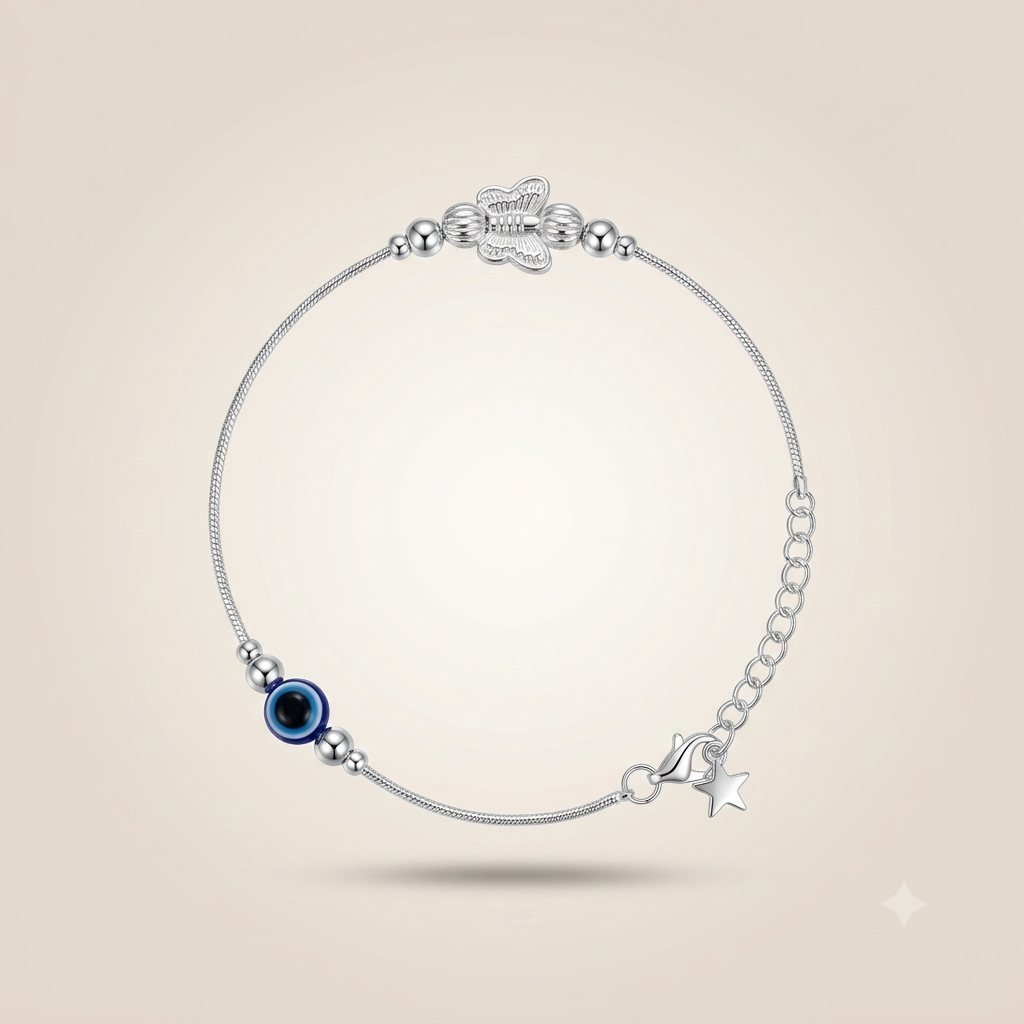 Silver Plated Evil Eye Butterfly Star Anklet (Close-up Detail) | The Colourful Aura