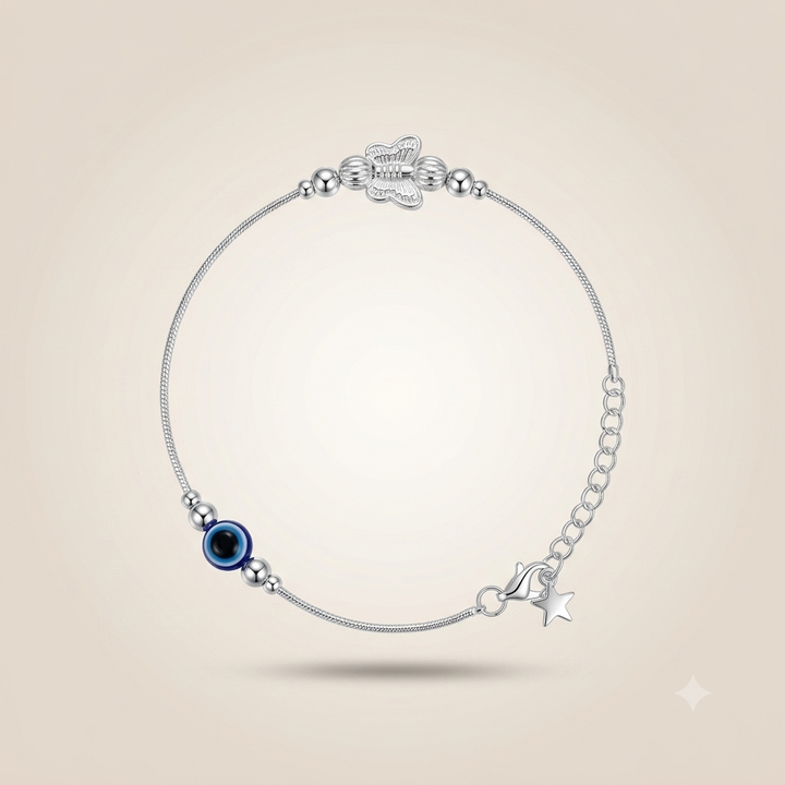 Silver Plated Evil Eye Butterfly Star Anklet (Close-up Detail) | The Colourful Aura