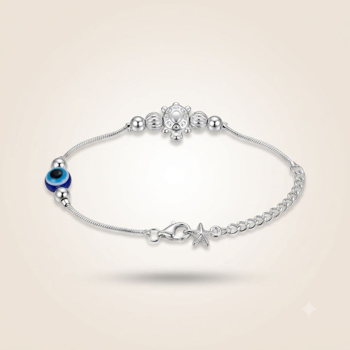 Silver Plated Evil Eye Turtle Star Anklet (Close-up Detail) | The Colourful Aura