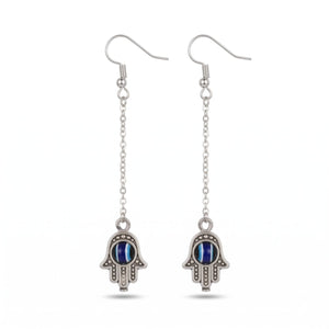 Silver Handmade Long Chain Hamsa Evil Eye Fatima Hand Tassel Chain Drop Earring (Close-up Detail) | The Colourful Aura