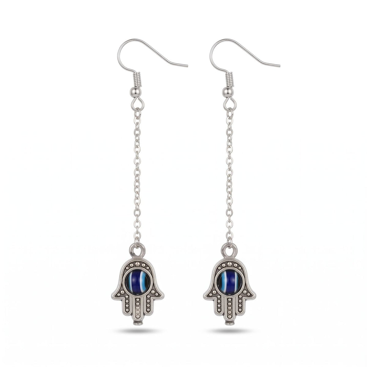 Silver Handmade Long Chain Hamsa Evil Eye Fatima Hand Tassel Chain Drop Earring (Close-up Detail) | The Colourful Aura