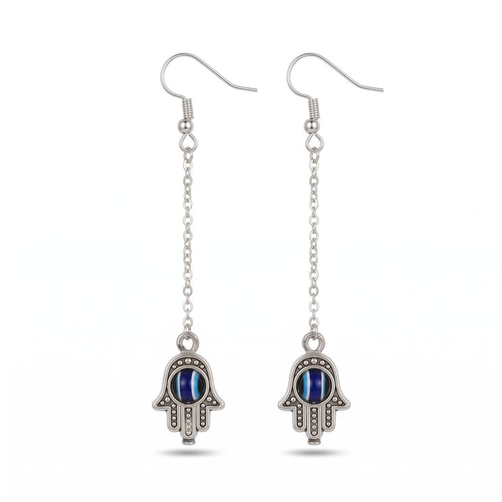 Silver Handmade Long Chain Hamsa Evil Eye Fatima Hand Tassel Chain Drop Earring (Close-up Detail) | The Colourful Aura
