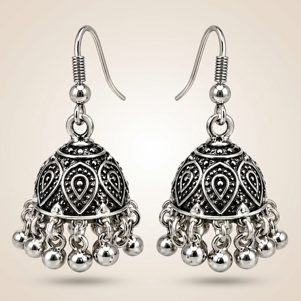 Silver Oxidised Leaf Petal Ghungroo Jhumki Drop Earrings (Close-up Detail) | The Colourful Aura