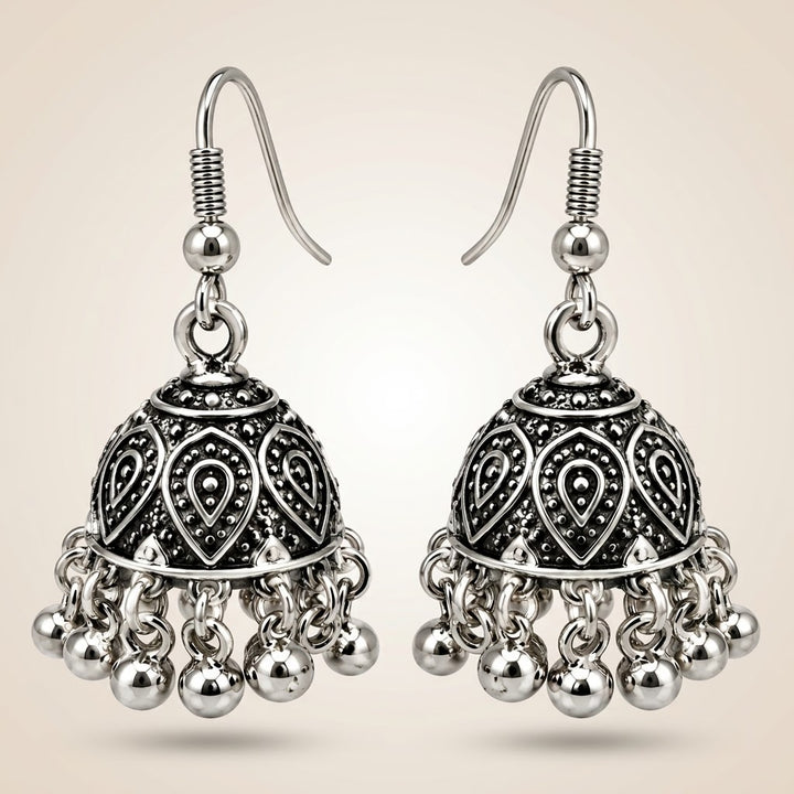 Silver Oxidised Leaf Petal Ghungroo Jhumki Drop Earrings (Close-up Detail) | The Colourful Aura