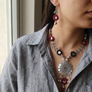 Silver Oxidized Mirror Pendant Necklace Set with Red Detailing (Close-up Detail) | The Colourful Aura