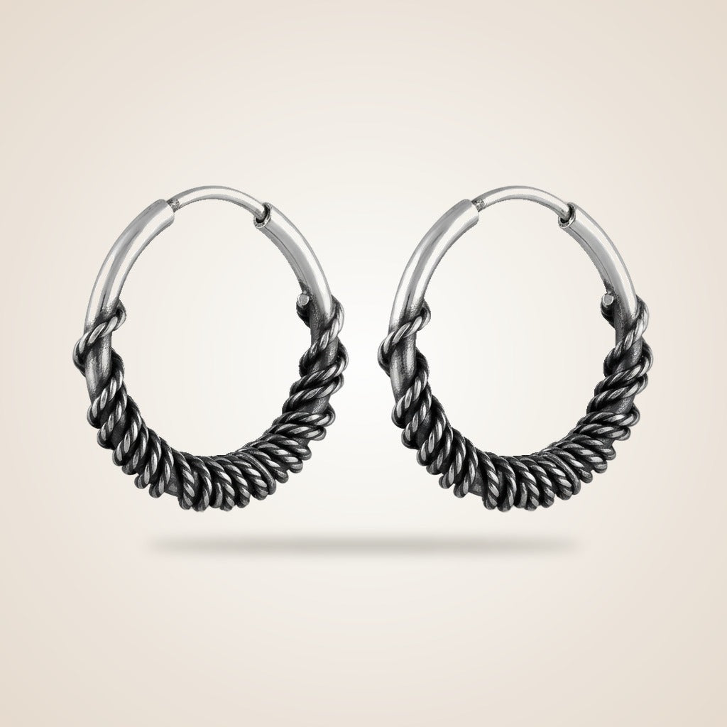 Silver Sterling Oxidised Wired Coil Tribal Slim Dainty Hoop Statement Earring — Boho Jewellery UK | The Colourful Aura