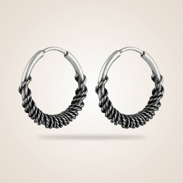 Silver Sterling Oxidised Wired Coil Tribal Slim Dainty Hoop Statement Earring — Boho Jewellery UK | The Colourful Aura