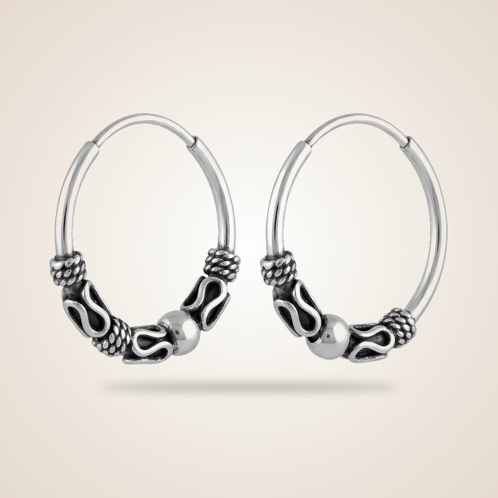 Silver Sterling Oxidised Wired Ball Tribal Dainty Slim Ethnic Hoop Earrings — Boho Jewellery UK | The Colourful Aura
