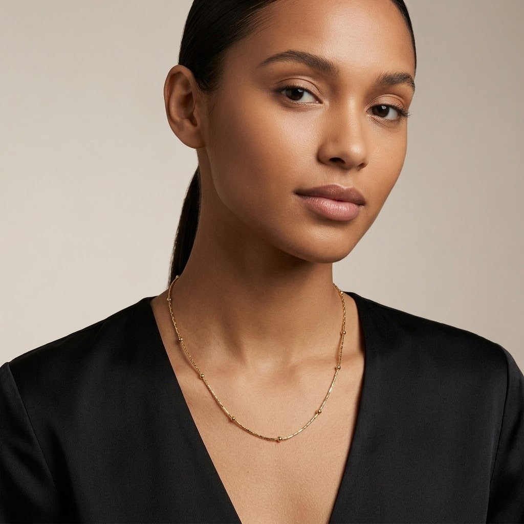 Single Strand 18ct Gold Plated Satellite Chain Necklace (Close-up Detail) | The Colourful Aura
