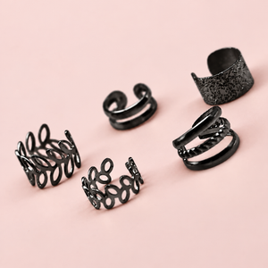 Black Five Piece Leaf Band Adjustable Non-Piercing Ear Cuff Set | The Colourful Aura