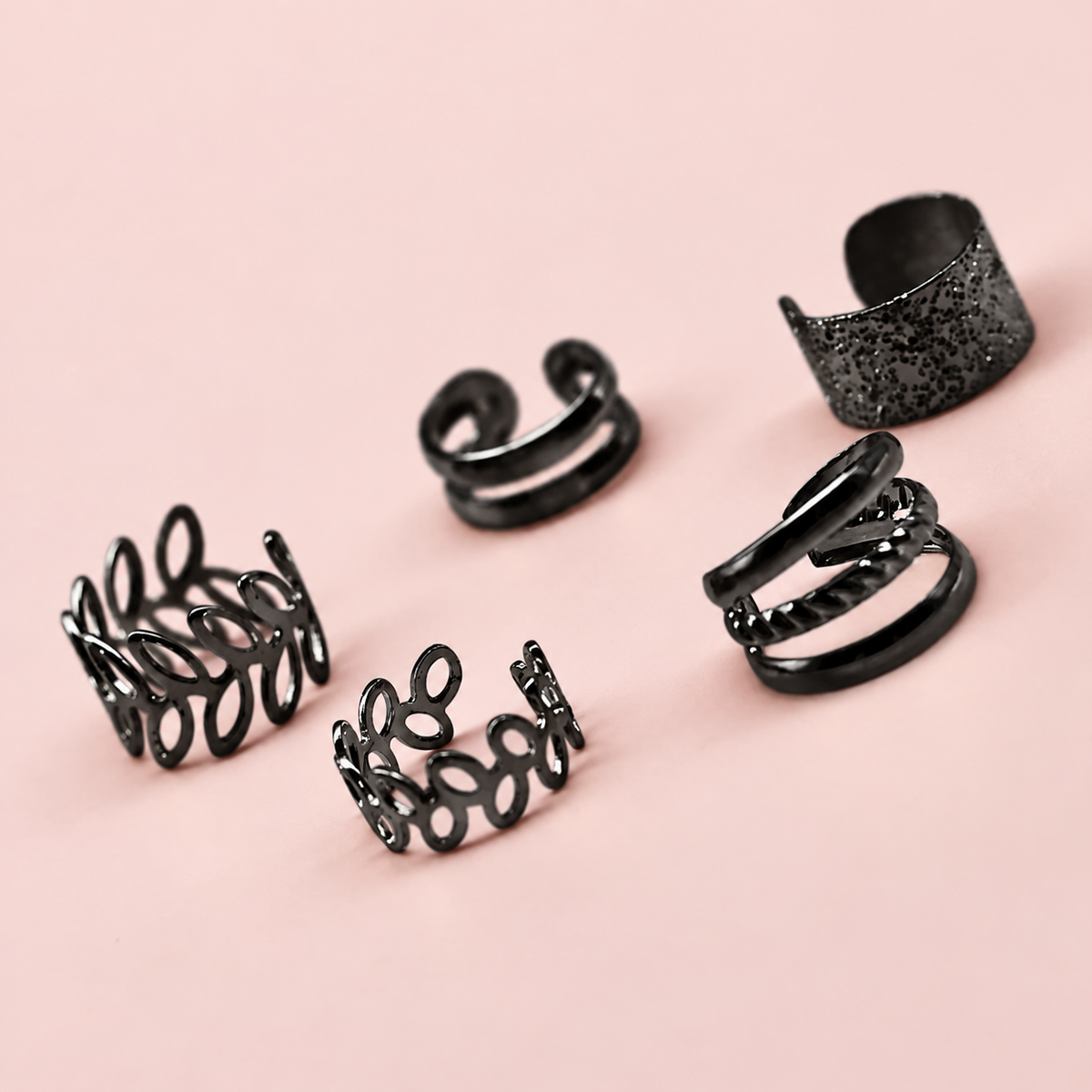 Black Five Piece Leaf Band Adjustable Non-Piercing Ear Cuff Set | The Colourful Aura