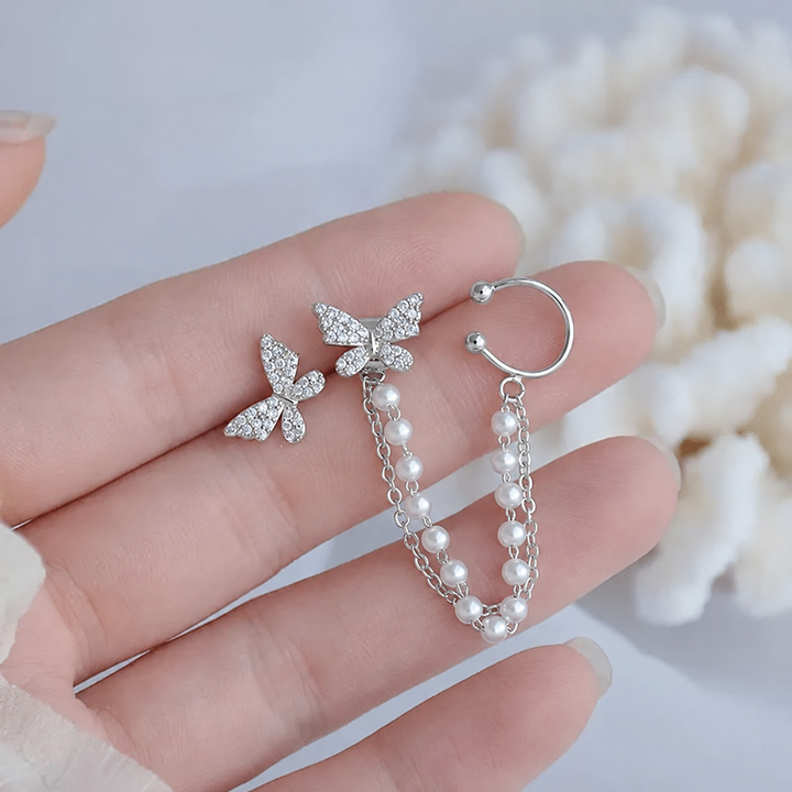 Silver Butterfly Pearl Chain Ear Cuff Climber | The Colourful Aura