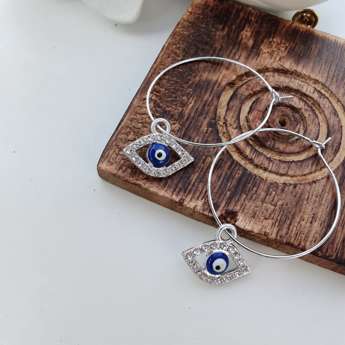 Silver Large Evil Eye Zircon Charm 30mm Hoop Earrings | The Colourful Aura