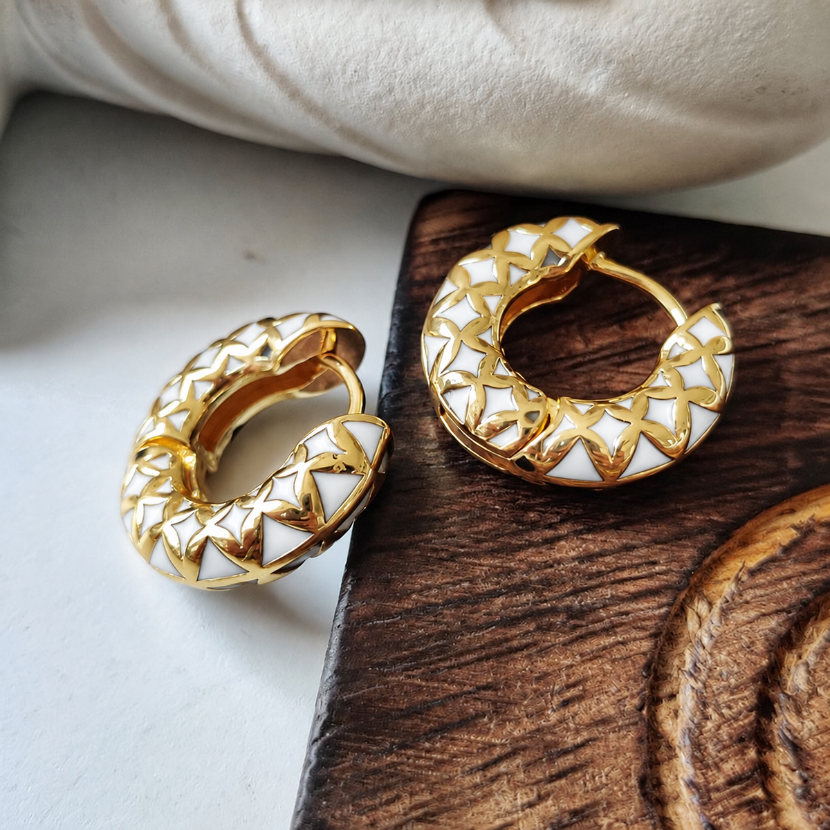 White Enamel Stainless Steel Medium Huggie Hoop Earrings | The Colourful Aura