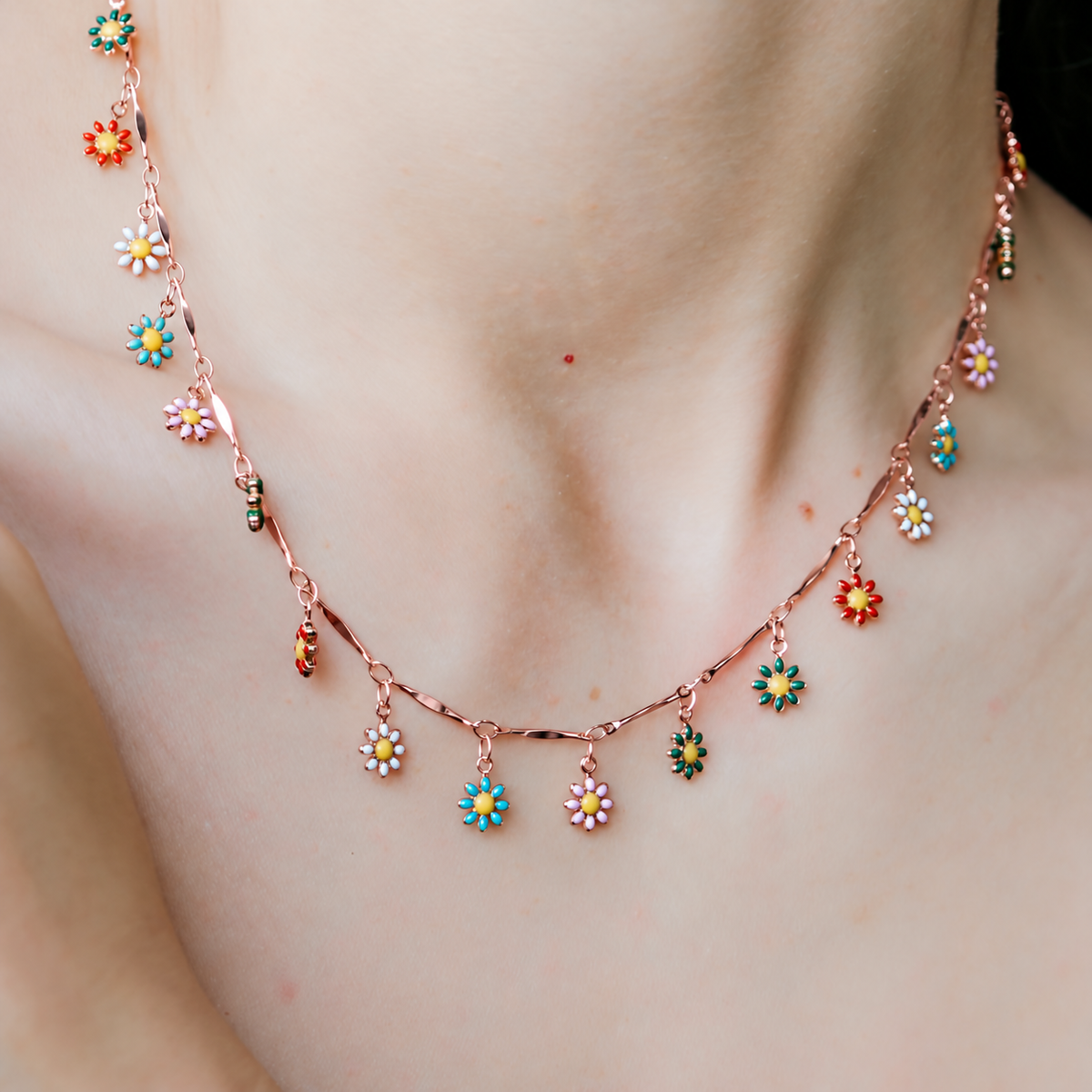 Rose Gold Colourful Daisy Charm Dangle Choker Necklace | The Colourful Aura
