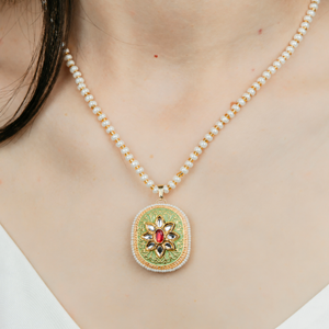 Green meenakari pendant with pearl necklace | The Colourful Aura