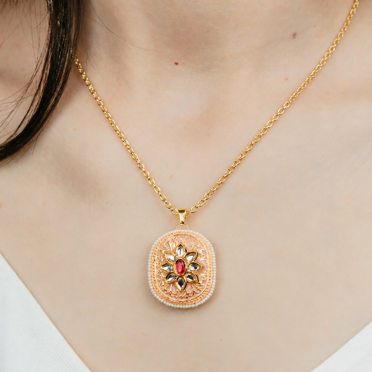 Pink meenakari pendant with gold chain necklace | The Colourful Aura