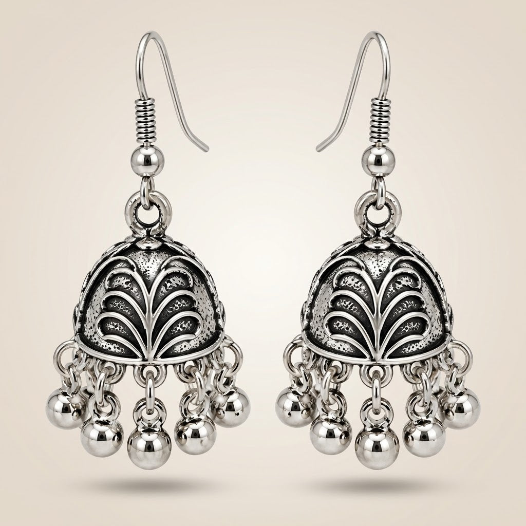 Small Oxidised Silver Leaf Jhumki Drop Earrings — Boho Jewellery UK | The Colourful Aura