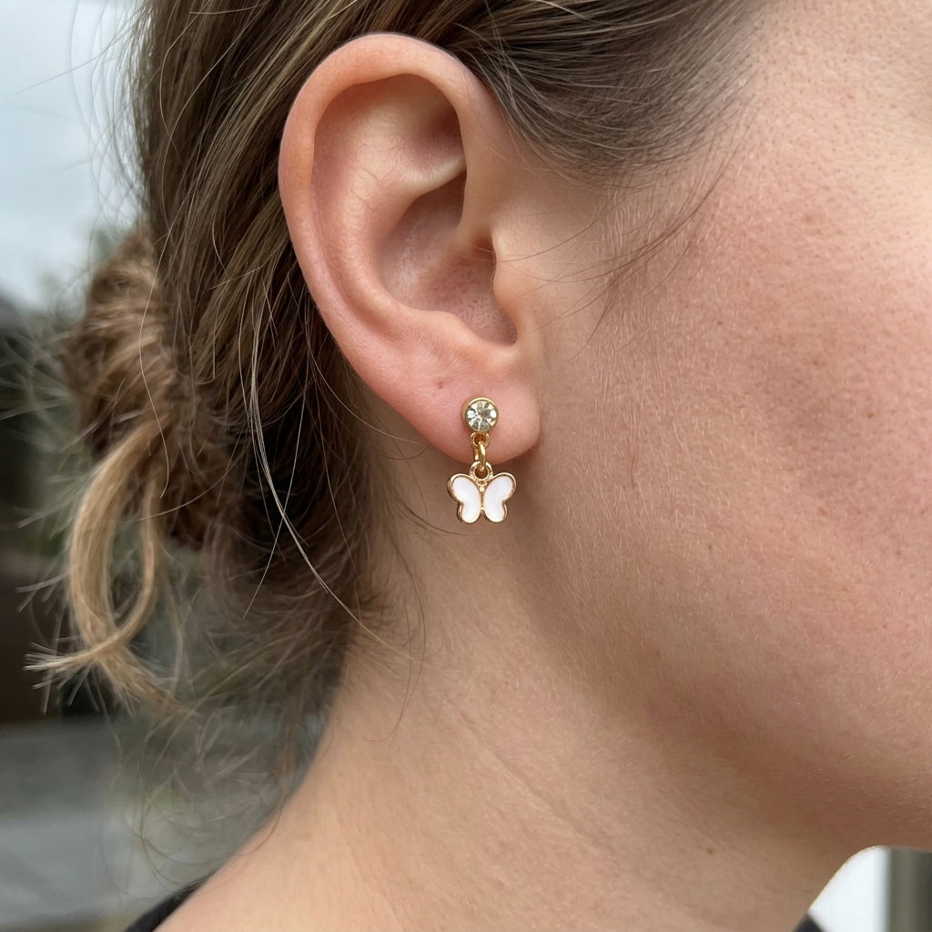 Small Tiny Dangle Zircon Butterfly Charm Ear Dainty Stud Handmade Earrings (Close-up Detail) | The Colourful Aura