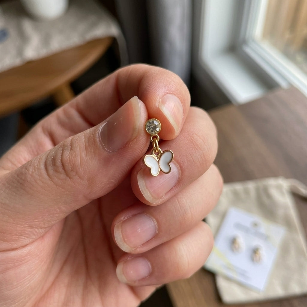 Small Tiny Dangle Zircon Butterfly Charm Ear Dainty Stud Handmade Earrings (Close-up Detail) | The Colourful Aura