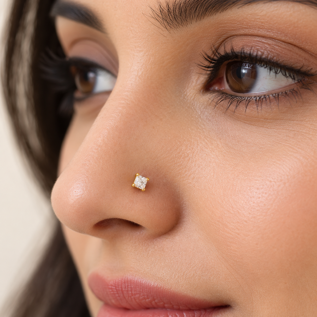 Square Cut Gold Plated Flat Back Nose Stud (Close-up Detail) | The Colourful Aura