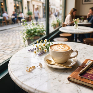 Square Cut Gold Plated Flat Back Nose Stud (Café Lifestyle Flatlay) | The Colourful Aura