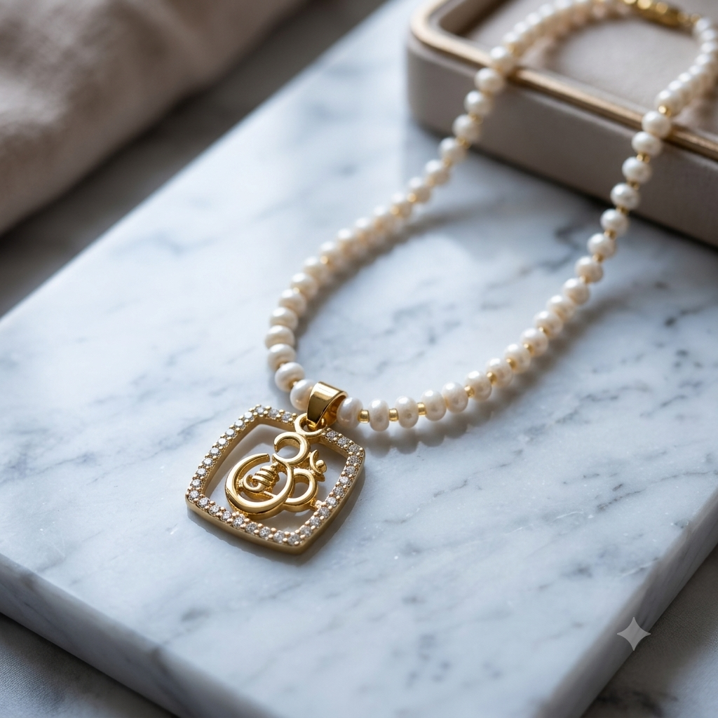 Square Pavé Om Pendant Necklace, Pearl Beaded, 18ct Gold Plated — Boho Jewellery UK | The Colourful Aura