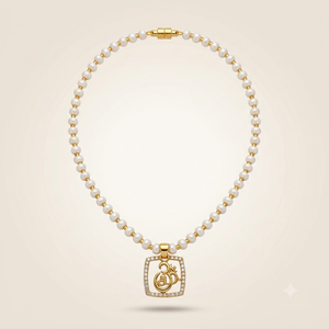 Square Pavé Om Pendant Necklace, Pearl Beaded, 18ct Gold Plated (Close-up Detail) | The Colourful Aura