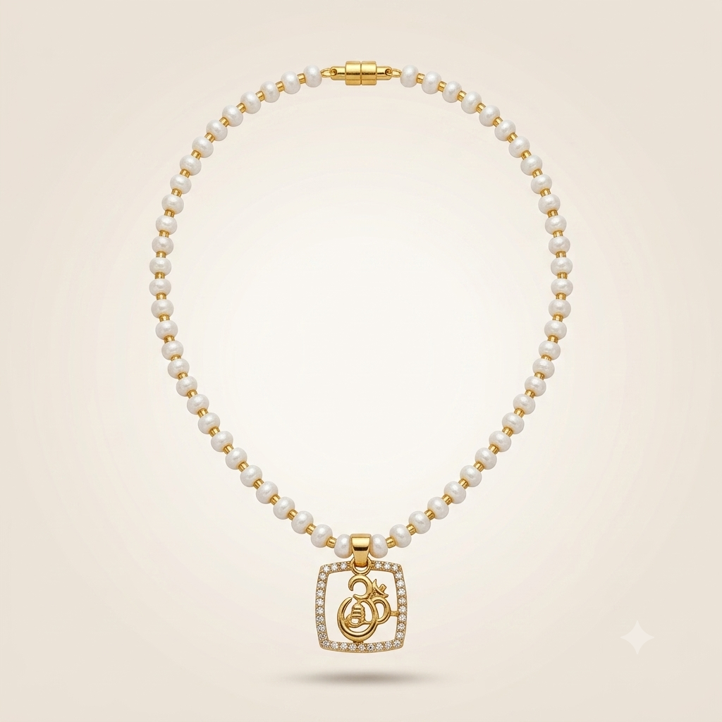 Square Pavé Om Pendant Necklace, Pearl Beaded, 18ct Gold Plated (Close-up Detail) | The Colourful Aura