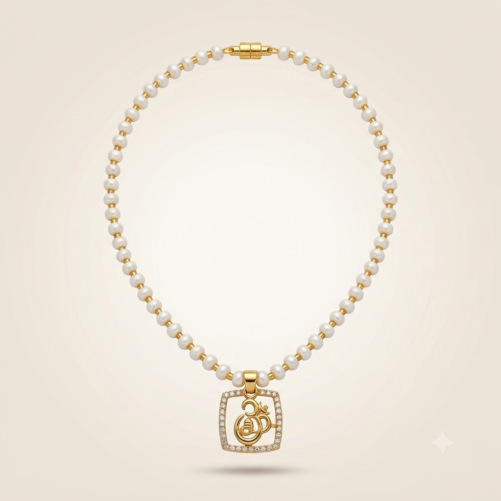 Square Pavé Om Pendant Necklace, Pearl Beaded, 18ct Gold Plated (Close-up Detail) | The Colourful Aura