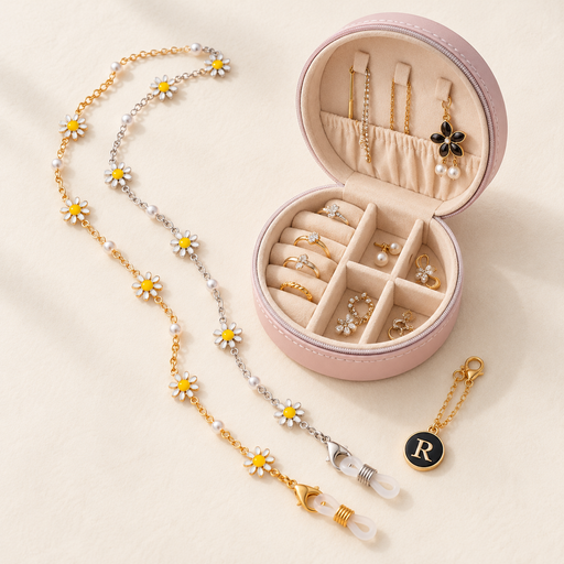 Daisy glasses chains, jewellery box and personalised watch charm