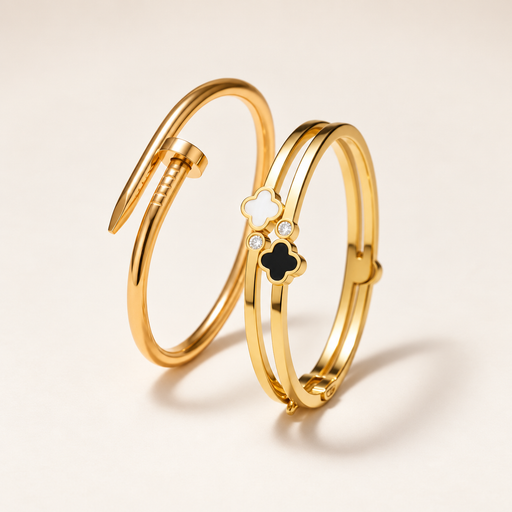 Gold nail bangle and black-and-white clover bracelet