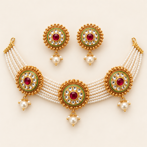Pearl, gold, green and red necklace and earring set