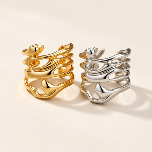 Gold and silver abstract fluid wrap rings