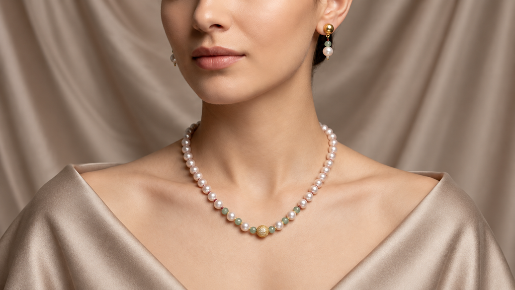 Model wearing pearl and pale green beaded necklace and matching earrings