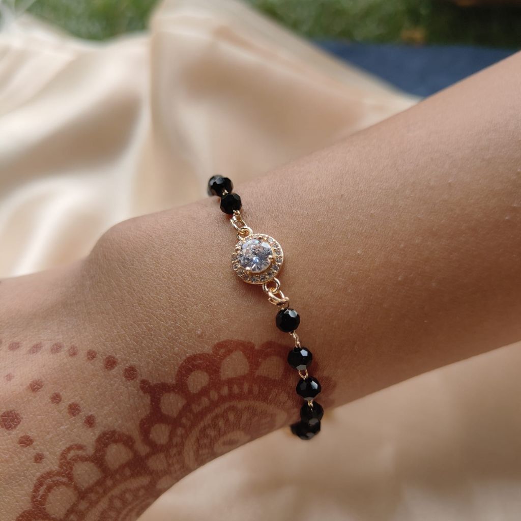 Indian Black Crystal Beads Round Zircon Mangalsutra Nazar Bracelet