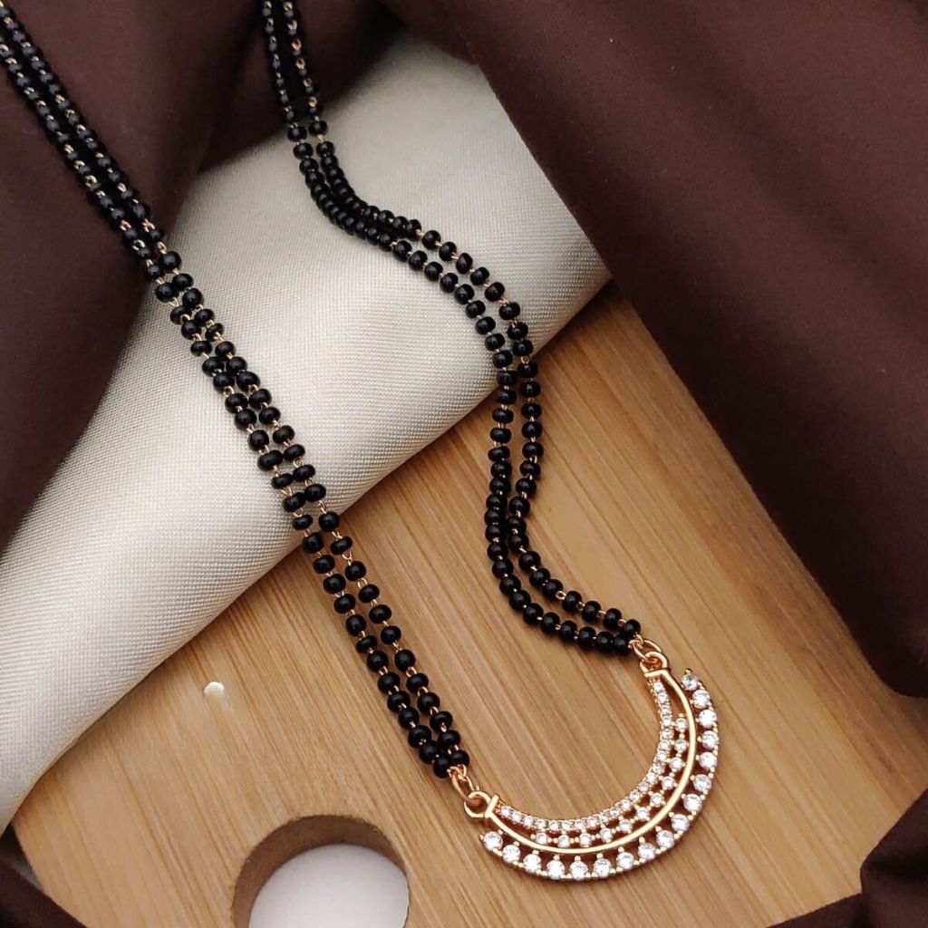 Black beads chain with diamond pendant - Indian Jewellery Designs