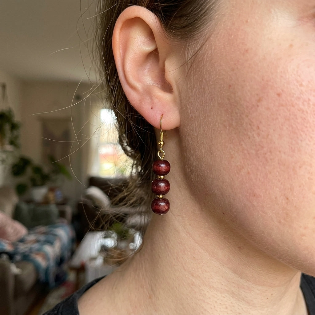 Three Red Sandalwood Lightweight Pearl Drop Simple Dangle Hook Earrings (Close-up Detail) | The Colourful Aura