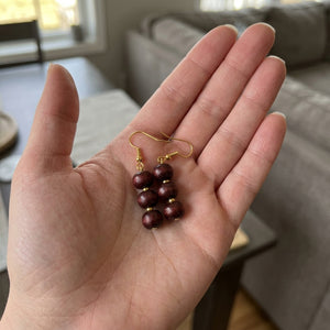 Three Red Sandalwood Lightweight Pearl Drop Simple Dangle Hook Earrings (Close-up Detail) | The Colourful Aura