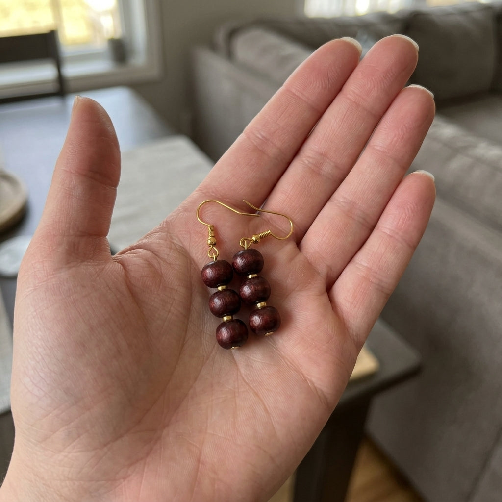 Three Red Sandalwood Lightweight Pearl Drop Simple Dangle Hook Earrings (Close-up Detail) | The Colourful Aura