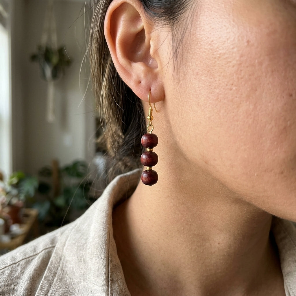 Three Red Sandalwood Lightweight Pearl Drop Simple Dangle Hook Earrings (Close-up Detail) | The Colourful Aura