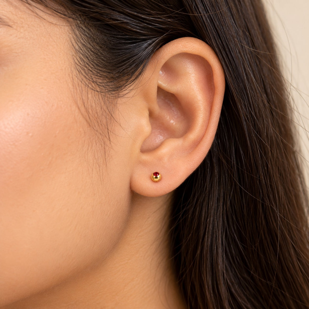 18ct Gold Plated Tiny 4mm Ball Flat Back Coloured Stone Stud Earrings (Close-up Detail) | The Colourful Aura