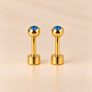 Blue 18ct Gold Plated Tiny 4mm Ball Flat Back Coloured Stone Stud Earrings (Close-up Detail) | The Colourful Aura