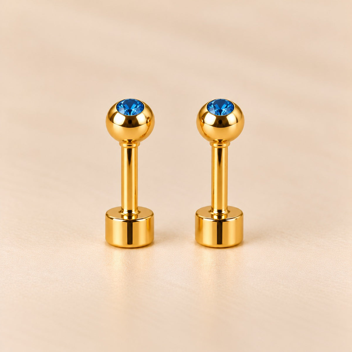 Blue 18ct Gold Plated Tiny 4mm Ball Flat Back Coloured Stone Stud Earrings (Close-up Detail) | The Colourful Aura