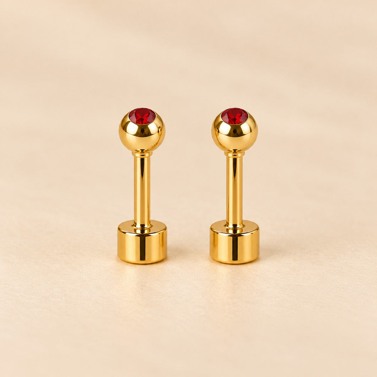 Red 18ct Gold Plated Tiny 4mm Ball Flat Back Coloured Stone Stud Earrings (Close-up Detail) | The Colourful Aura