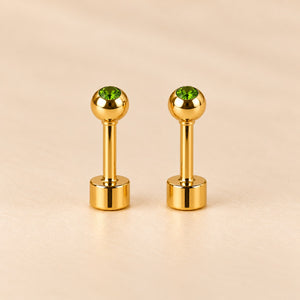 Green 18ct Gold Plated Tiny 4mm Ball Flat Back Coloured Stone Stud Earrings (Close-up Detail) | The Colourful Aura