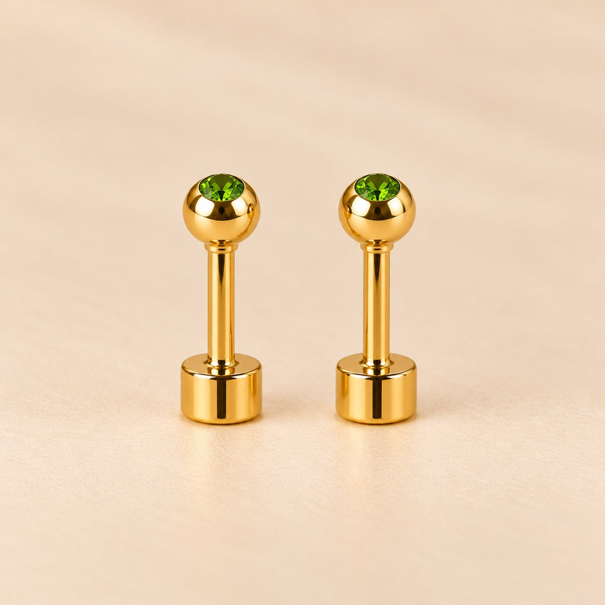Green 18ct Gold Plated Tiny 4mm Ball Flat Back Coloured Stone Stud Earrings (Close-up Detail) | The Colourful Aura